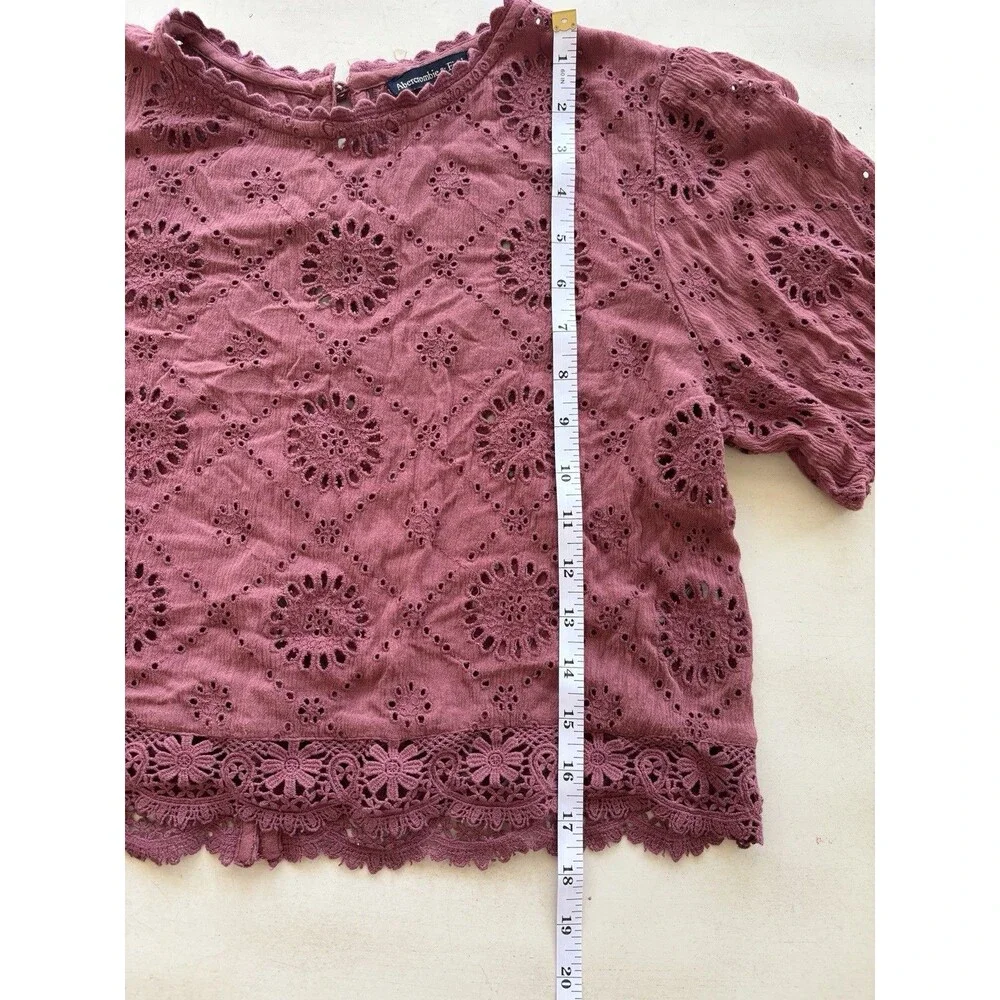 Abercrombie & Fitch Eyelet Lace Puff Sleeve Crop Top Dusty Rose Pink Boho